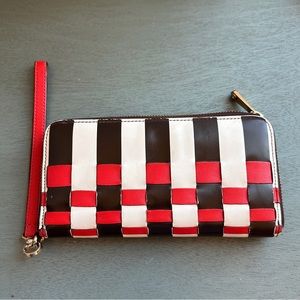 Henri Bendel Leather Wallet Wristlet Zip Brown Red Basketweave